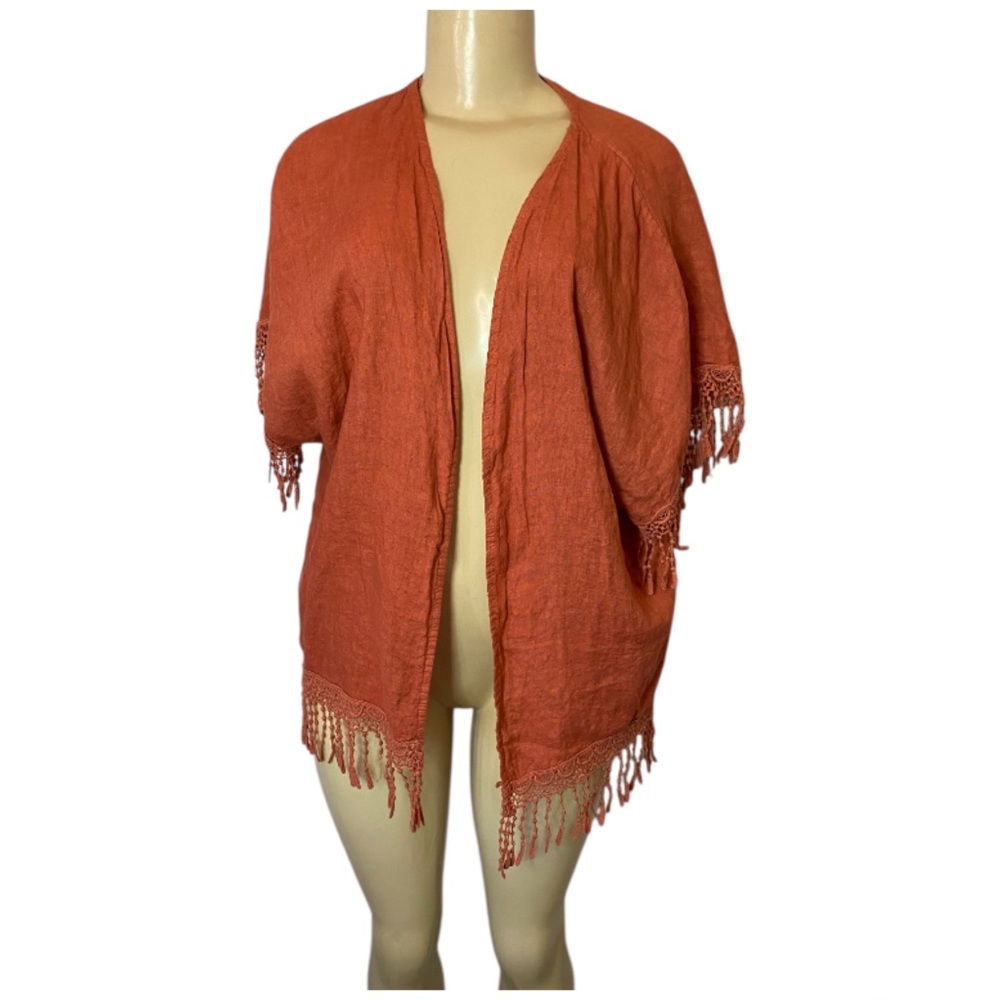 Valentina Naldi Italy Linen Fringed Open Kimono Shawl Coral One Size